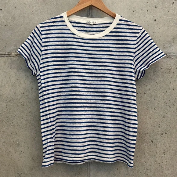 Alex Mill Blue and White Prospect Tee in Stripe, Linen Blend, Size Large - Picture 1 of 8